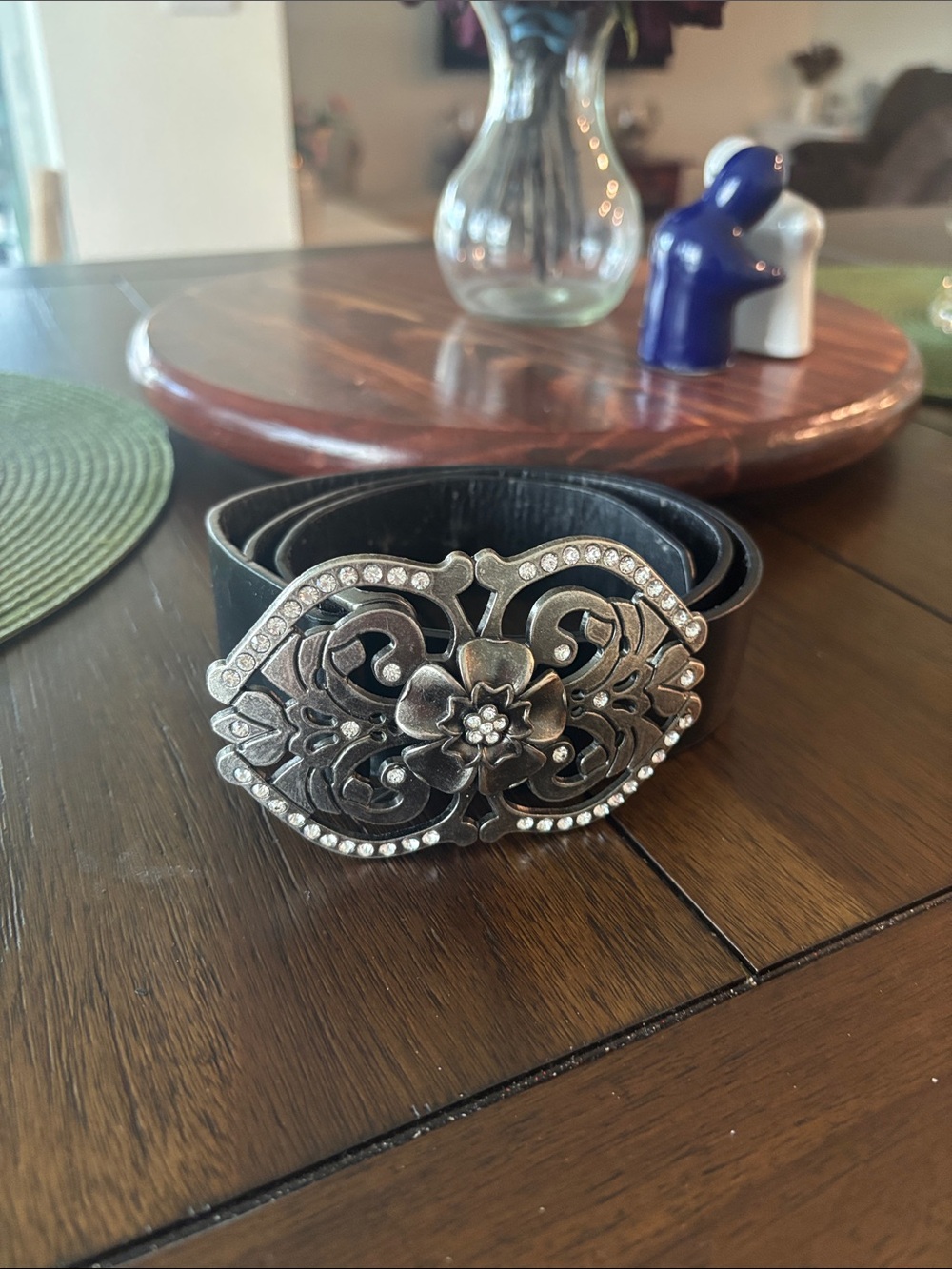 Women's Black Leather Belt with Ornate Silver Floral Buckle